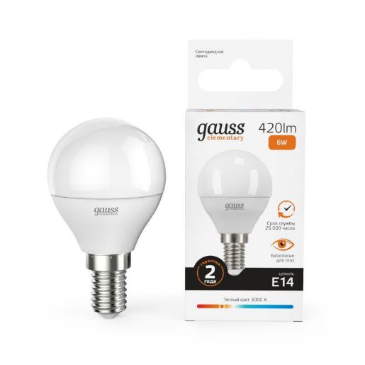 Изображение Лампа светодиодная Elementary 6Вт P45 шар 3000К тепл. бел. E14 420лм GAUSS 53116
