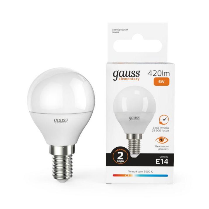 Изображение Лампа светодиодная Elementary 6Вт P45 шар 3000К тепл. бел. E14 420лм GAUSS 53116