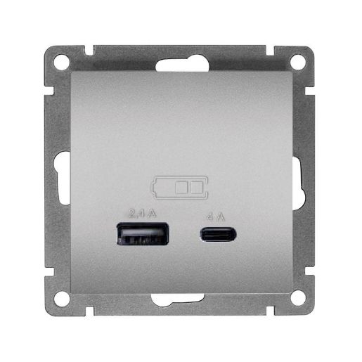 Изображение Розетка 2-м USB СП Афина тип А+С 5В 1х2.4А 2х4А механизм серебро Universal А0059-S