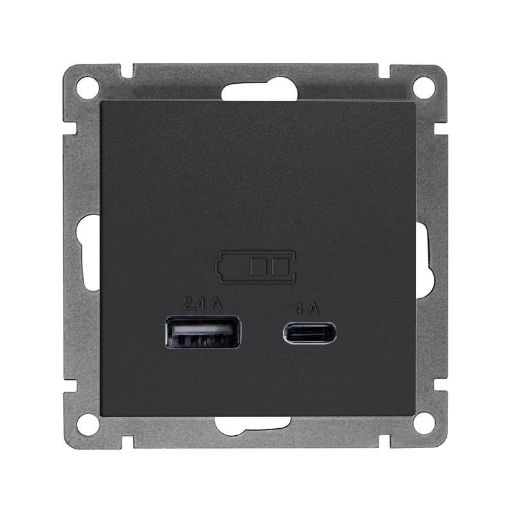 Изображение Розетка 2-м USB СП Афина тип А+С 5В 1х2.4А 2х4А механизм графит Universal А0059-Gr