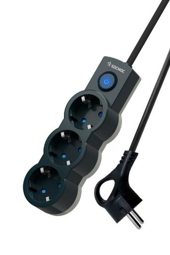Изображение Удлинитель 3х5м с заземл. IP20 с выкл. 10А 2200Вт 220В защ. шторки ПВС 3х1 черн. КОСМОС YKsm5m-3g-Z-V10A-B