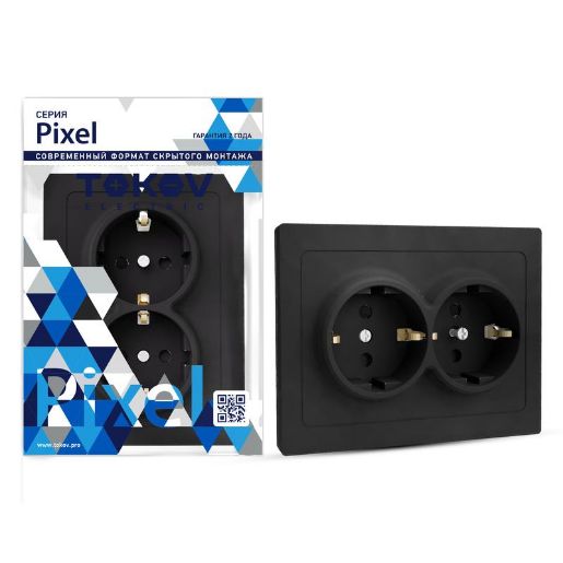Изображение Розетка 2-м СП Pixel 16А IP20 с заземл. защ. шторки в сборе карбон TOKOV ELECTRIC TKE-PX-R2FZSF-C14