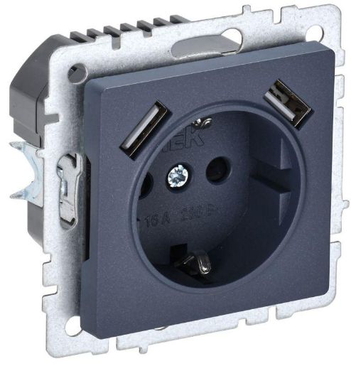Изображение Розетка BRITE РЮш10-1-БрМ 16А с USB A+A 2.1А с заземл. защ. шторки механизм маренго IEK BR-R14-16-U21-D21-K35