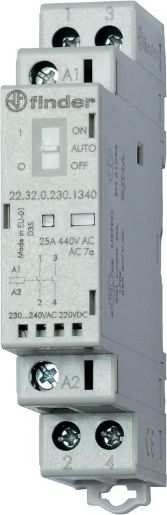Изображение Контактор модульный 2NO 25А AgNi 230В AC/DC 17.5мм IP20 опции: переключатель Авто-Вкл-Выкл + мех. индикатор + LED FINDER 223202301340