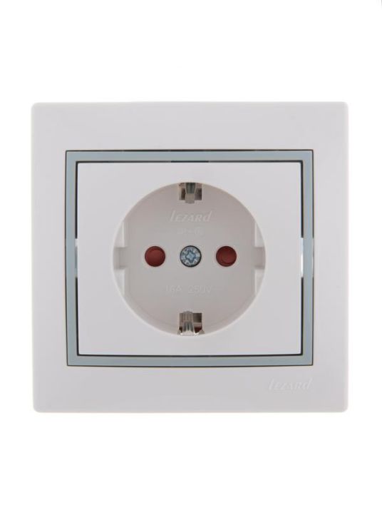 Изображение Розетка 1-м СП Mira 16А IP20 с заземл. защ. шторки с сер. вставкой керамика бел. LEZARD 701-0215-124