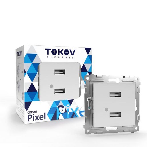 Изображение Розетка 2-м USB СП Pixel тип A+A 5В 1х2.1А 2х1.05А механизм бел. TOKOV ELECTRIC TKE-PX-2USB-C01