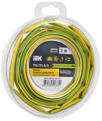 Изображение Трубка термоусадочная ТТУ нг-LS 6/3 желт./зел. (уп.2м) IEK UDR12-006-003-002-K52-T