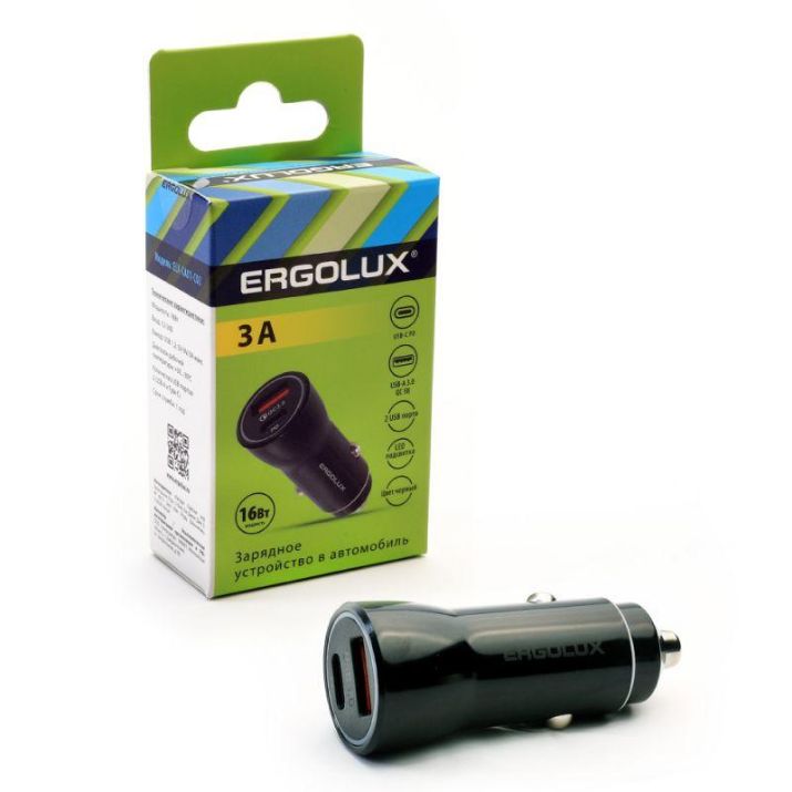 Изображение Адаптер автомобильный ELX-CA01-C02 1USB+1Type C 12В 5В/3А LED коробка черн. ERGOLUX 15106