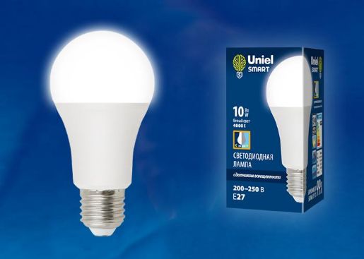 Изображение Лампа светодиодная LED-A60-10W/4000K/E27 /PS PLS10WH 10Вт матовая 4000К нейтр. бел. E27 с датчиком освещенности (упак. картон) Uniel UL-00005710