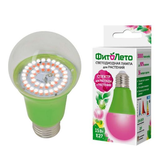 Изображение Лампа светодиодная LED-A60-15W/SPSB/E27/CL PLP30GR 15Вт A60 грушевидная прозрачная для растений спектр для рассады и цветения (упак. картон) Uniel UL-00004582