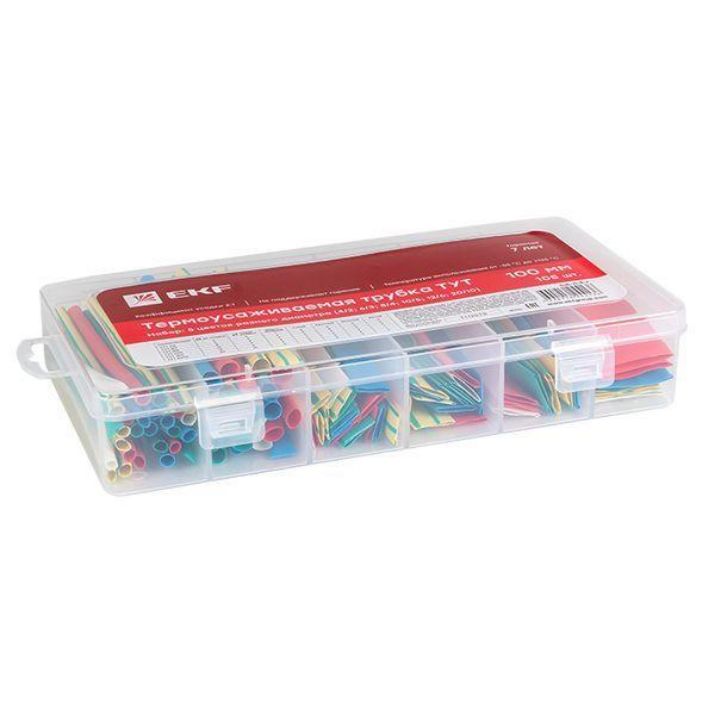 Изображение Набор трубок термоусадочных ТУТ 4/2; 6/3; 8/4; 10/5; 12/6; 20/10 100мм бокс 5 цветов 105шт PROxima EKF tut-n-5-r