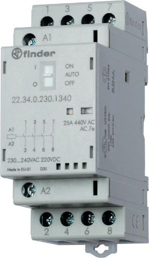 Изображение Контактор модульный 4NO 25А AgSnO2 230В AC/DC 35мм IP20 опции: мех. индикатор + LED FINDER 223402304320