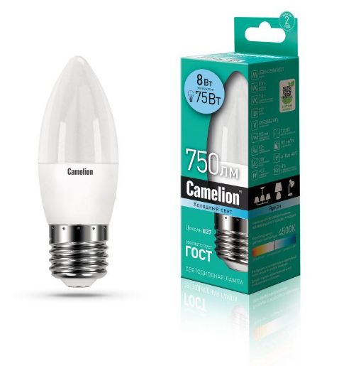 Изображение Лампа светодиодная LED8-C35/845/E27 8Вт свеча 4500К бел. E27 750лм 170-265В Camelion 12390