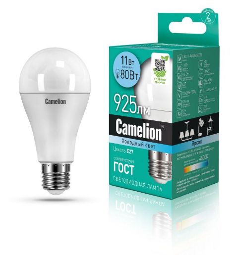 Изображение Лампа светодиодная LED11-A60/845/E27 11Вт грушевидная матовая 4500К бел. E27 925лм 170-265В Camelion 12036